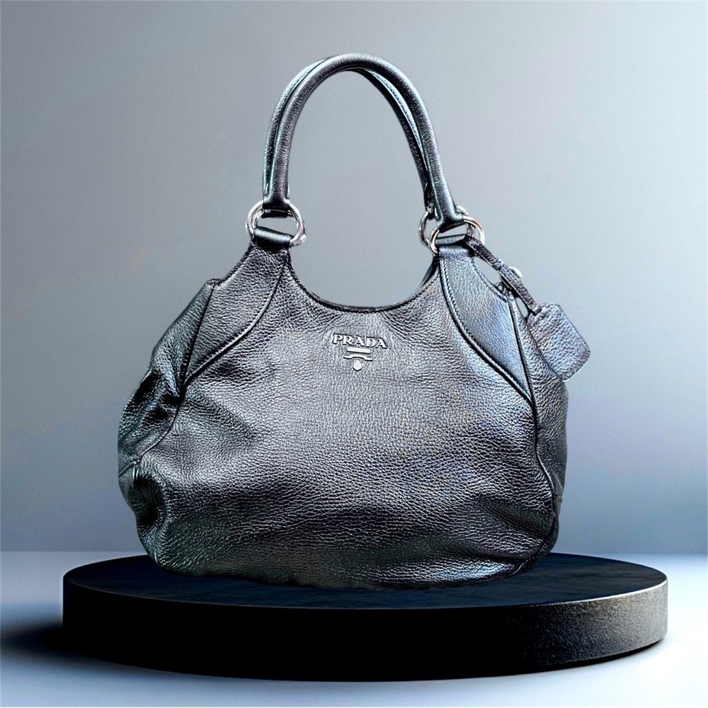 Official PRADA gun metal black leather handbag purse like new designer SALE!!!